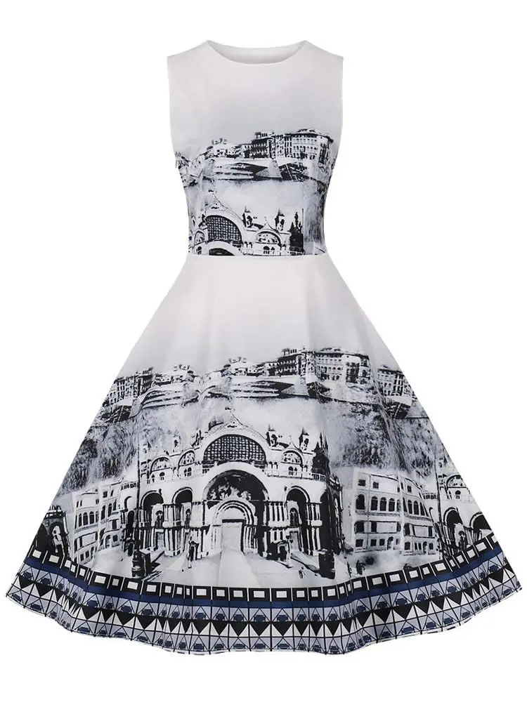 

Summer Dress Women Vintage Elegant Party Dress Retro Swing Floral Print Sleeveless Casual Midi Sundress Robe
