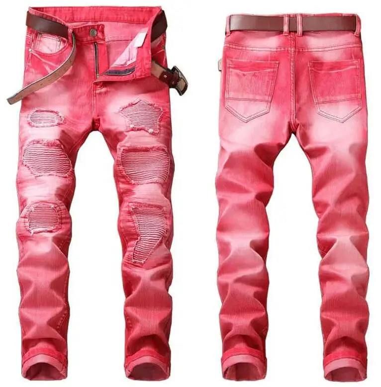 Men Jeans High Quality Retro Gold Painting Jeans Coated Stretch Slim Straight Pleated Biker Jeans Pants Male Denim Pants