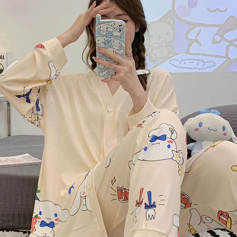 

Kawaii Sanrio пижамы Cinnamoroll милый аниме осень с длинным рукавом мультфильм кардиган свободный удобный костюм игрушки для девочек Подарки