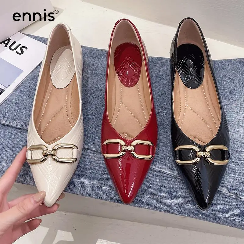 

ENNIS Genuine Leather Loafer Shoes Pumps Low Heel Women Shoes Pointed Toe Heels Metal Chain Designer Spring Shoes 2022 E220