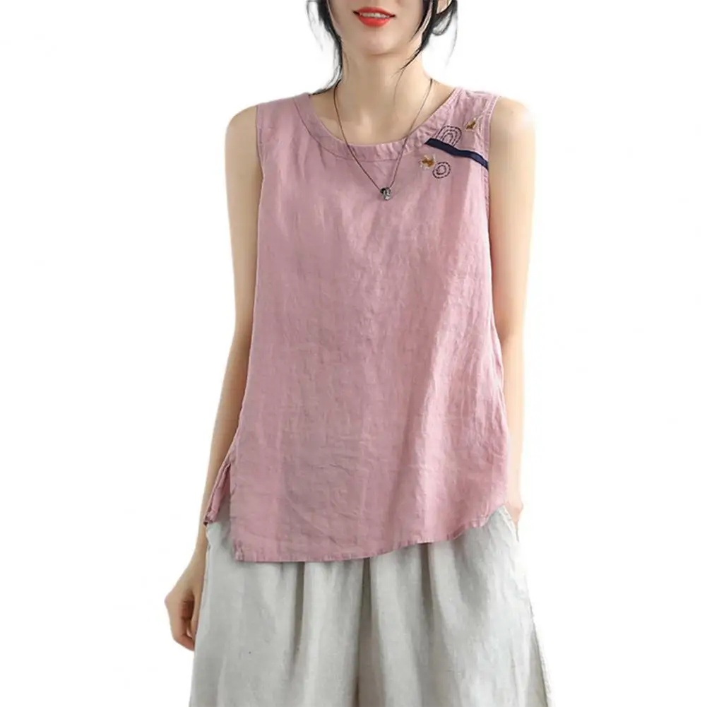 

Women Vest O-Neck Sleeveless Side Split Hem Loose Vest Embroidery Pattern Top Summer ropa para mujer