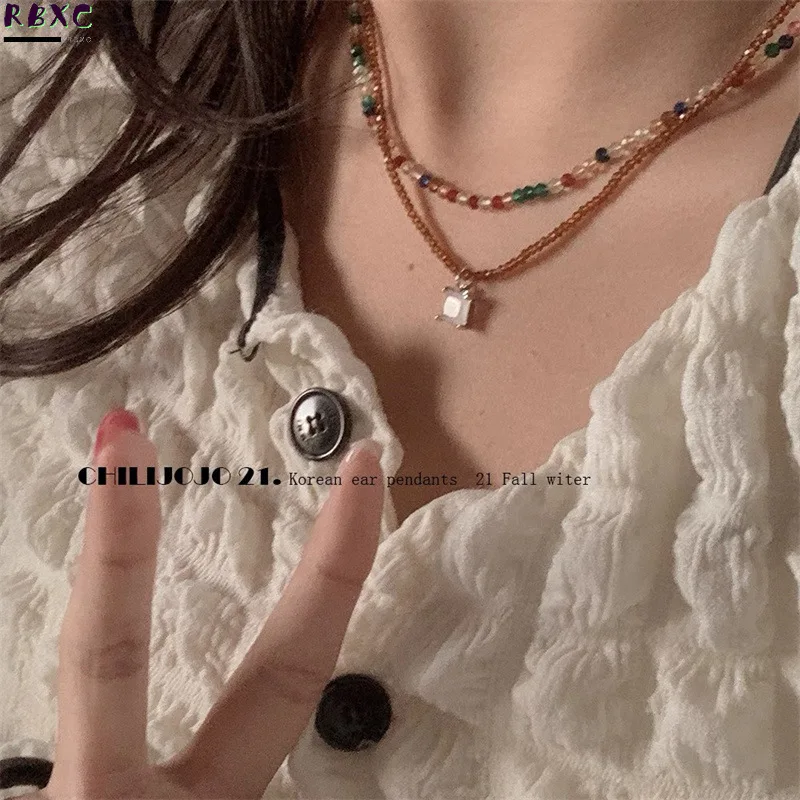 

Korean Ins Coffee Color Beaded Necklace Double Layer Overlapping Wear Sen Series Minority Necklace Temperament Neck Chain Female