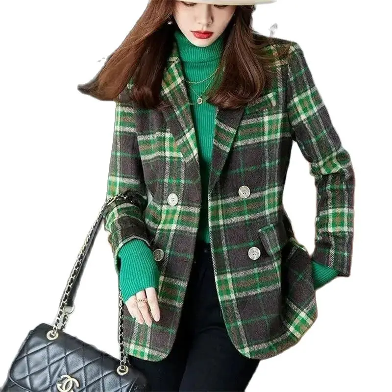 

Fashion Ladies Coat Tops Spring Autumn Leisure Plaid Outerwear Suit Jacket Korean Double-Breasted Woolen Suit Jacket 2023 New