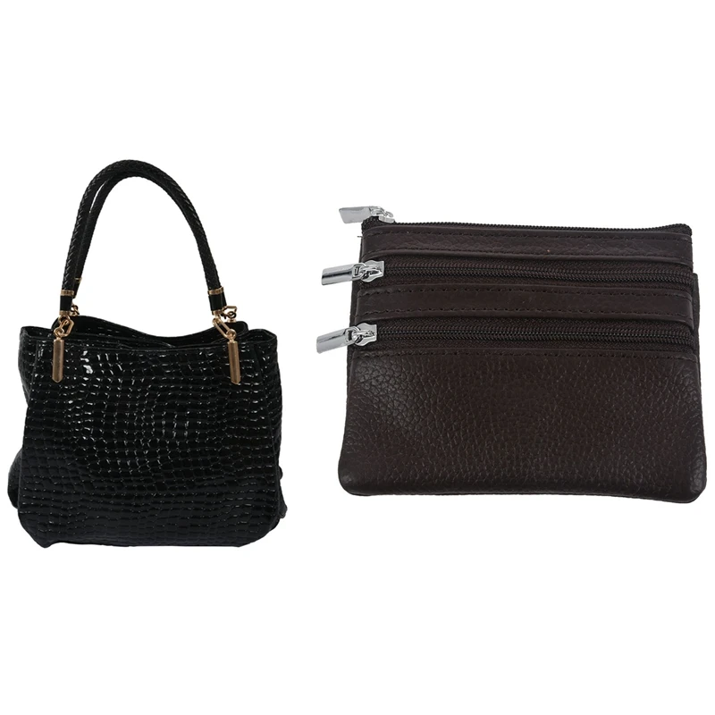 

2PCS Fashion Women Crocodile Pattern Shoulder Bag, Black With Change Coin Purse With 4 Pockets And Keychain Coffee