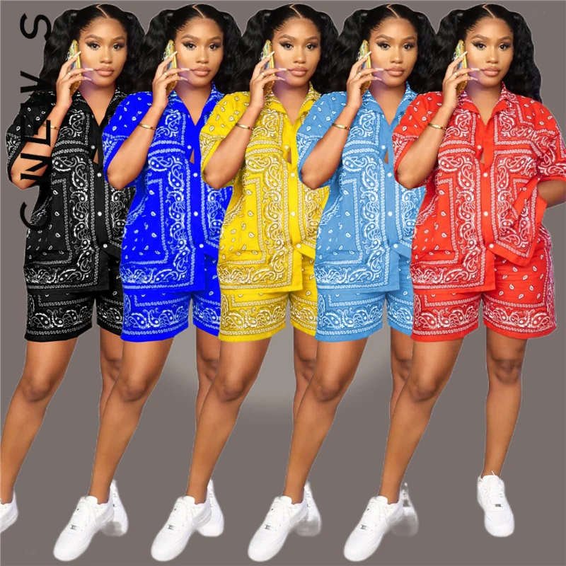 

C.New S New Women Set Ladies Tops And Pants Lady Short Pants Paisley Bandana Print Two Piece Sets Party Sweatsuits Women Female