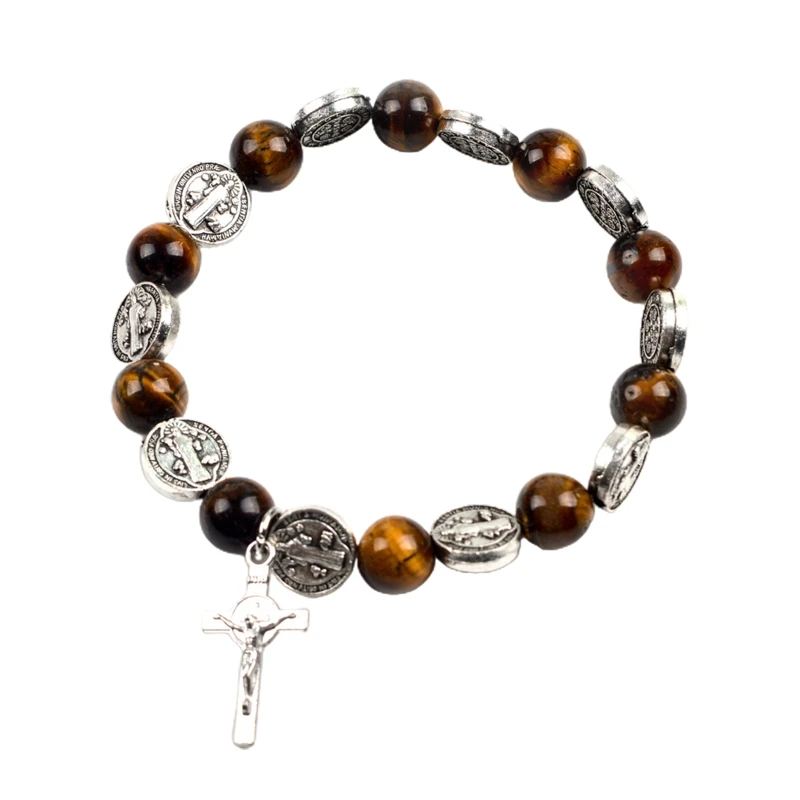 Tiger Eye Beaded Rosary Bracelet Zinc Alloy Christ Jesus Cross Pendant for Women Men Church Meditation Decoration Gift Supplies