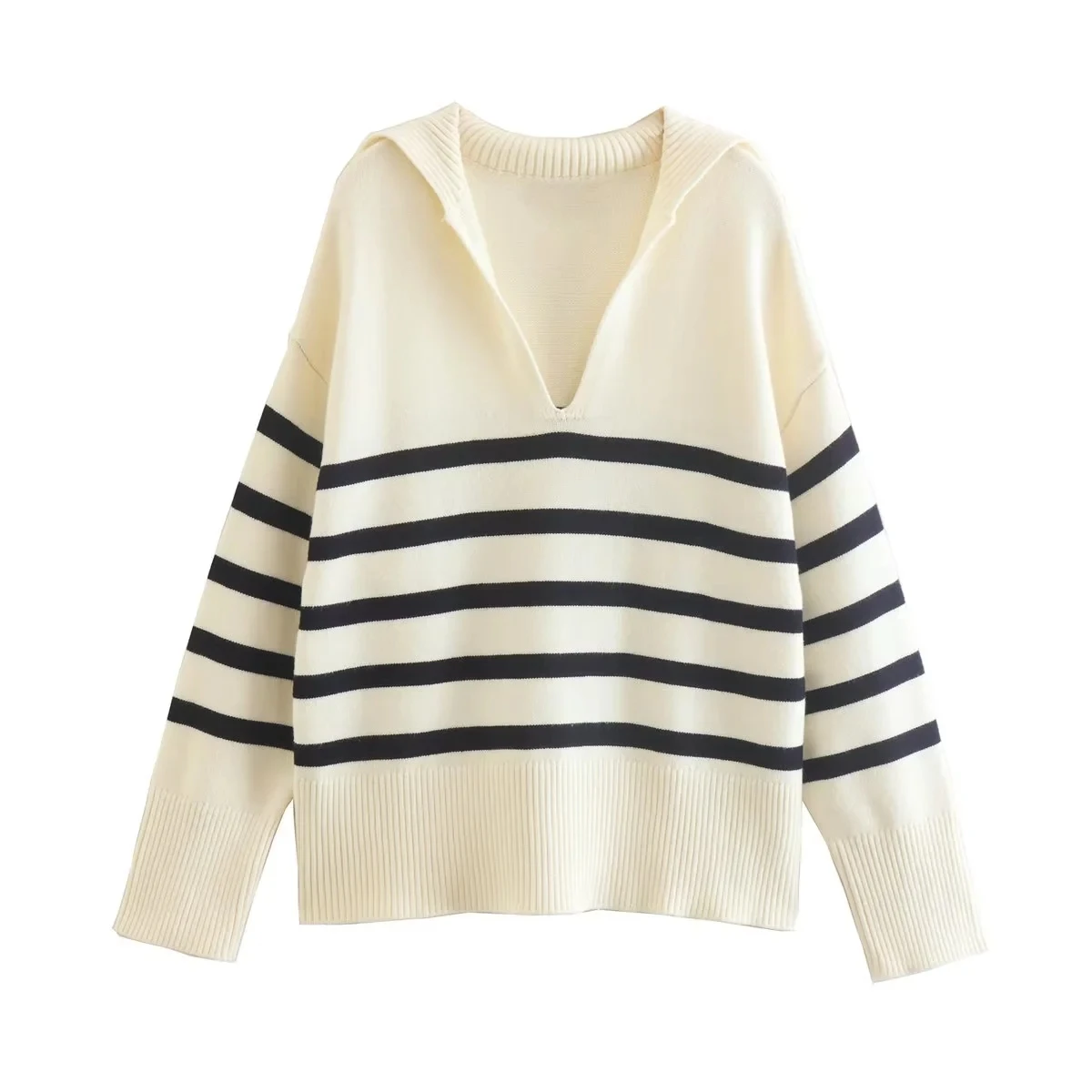 

Fashion 2023 Women Knitted Stripe Long Sweater Autumn V-Neck Patchwork Pullover Cream-Coloured Full Sleeve Chic Female Tops
