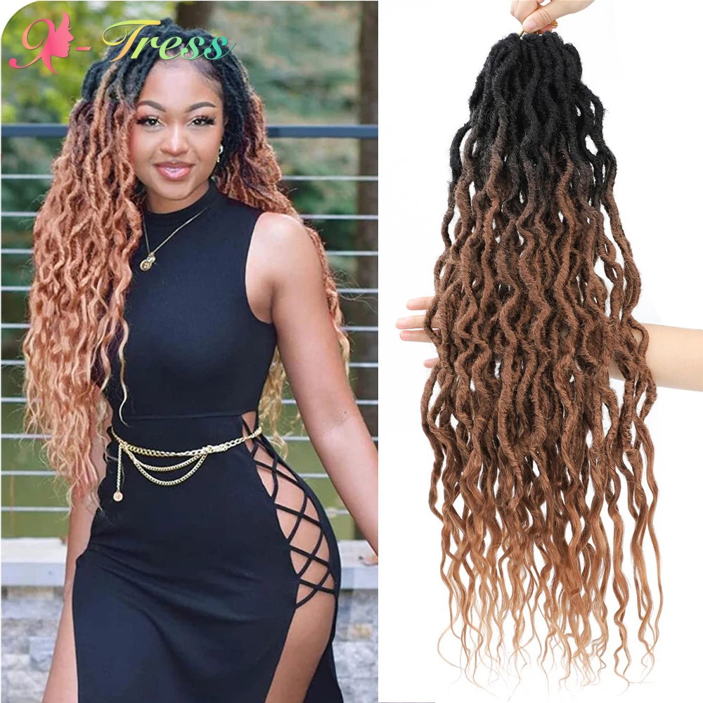 

X-TRESS Goddess Wavy Locs Crochet Hair Ombre Brown Pre-Looped Curly Soft Faux Locs Dreadlocks Synthetic Braiding Hair Extensions