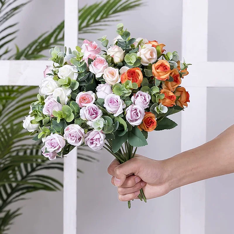 

11 Heads Silk Rose Cloth Peony Artificial Eucalyptus Flower Leaves Wedding Bouquet Ornament Home Party Table Decoration 30cm