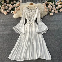 fairy women embroidery dress fashion flared sleeve sashes midi robe de plage spring casual vacation white vestidos de mujer