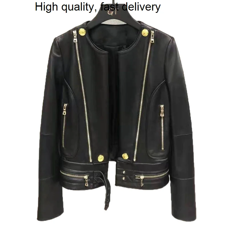 

Женская куртка из натуральной овечьей кожи, демисезонная куртка из натуральной кожи с круглым вырезом, 2023