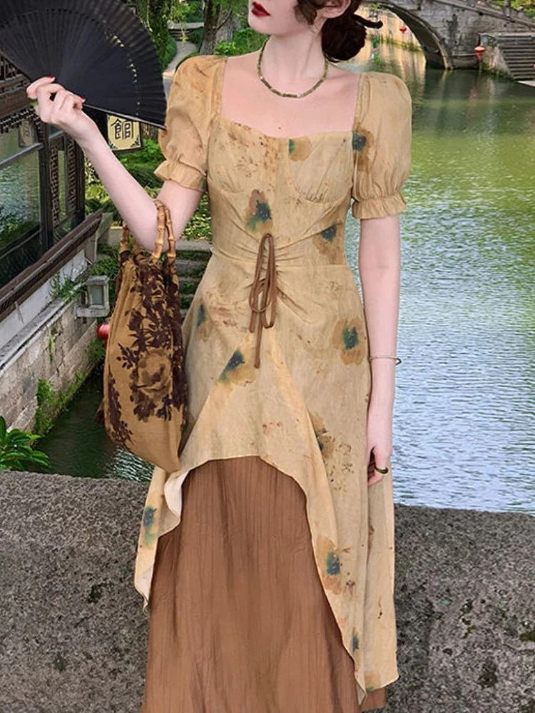 

Print Fance Vintage Elegant Dress Women Spuare Collar Retro Evening Party Midi Dress Short Sleeve Korean Dress Summer 2022 New