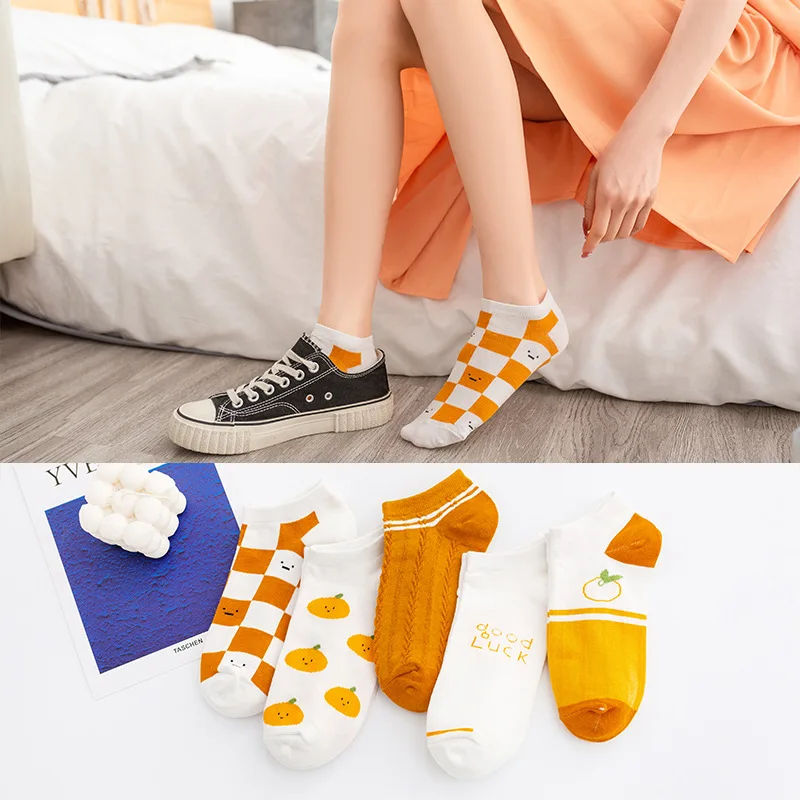 5 Pairs Of High Quality Summer Women's Low Socks Sports Casual Yellow Orange Shallow Mouth Cute Fashion Cotton Socks EU 35-39