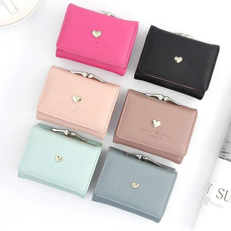 

Candy Color Fashion Women Coin Purse Leather Solid Color Vintage Short Wallet Heart Hasp Ladies Girls Card Holder Clutch Bag