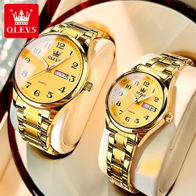OLEVS Couple Watch 2023 Casual Watch Men Gold Stainless Steel Women Watches Ladies For Lovers Wristwatch Relogio Feminino