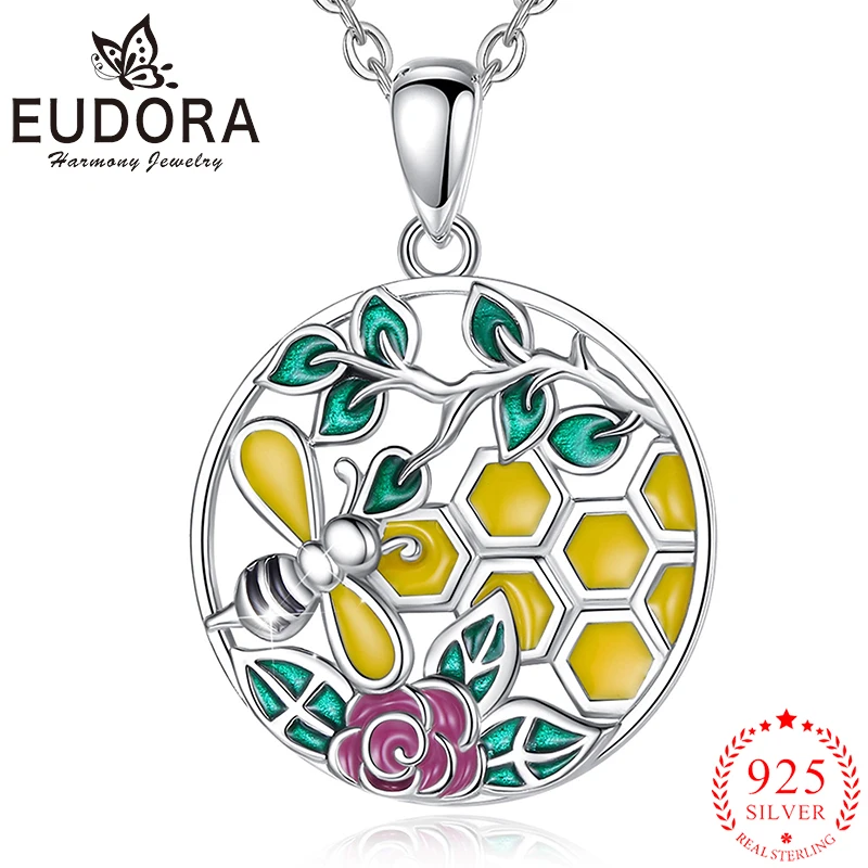 

Eudora 925 Sterling Silver Bee Necklace Beautifully Colorful Enamel Hive Pendant Woman Fashion Jewelry Banquet Birthday Gift