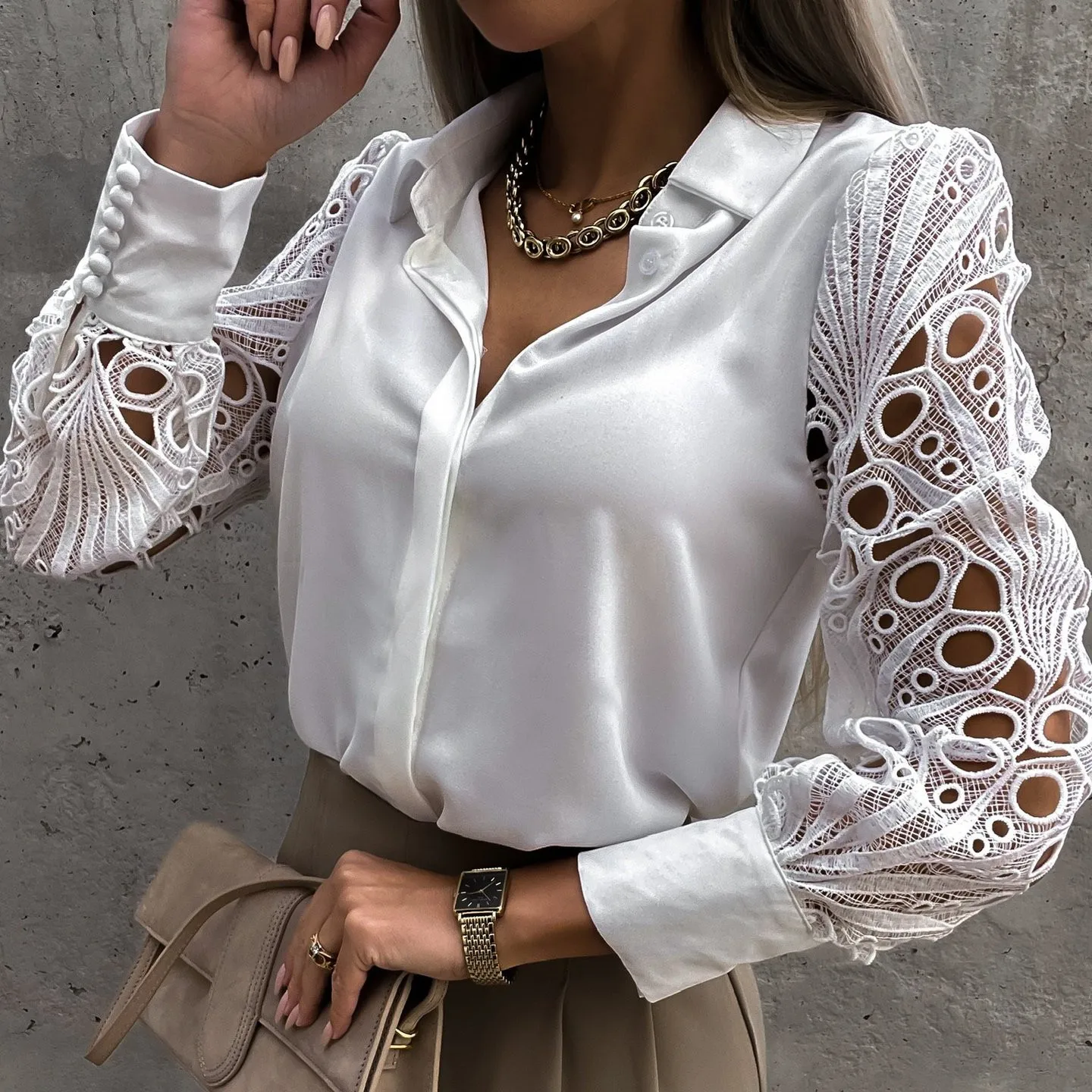 Women shirt Patchwork Hollow Out Long Sleeve Blouse O-Neck Mesh Design Tops 2022 Spring White blouse Vintage Button Shirt Top