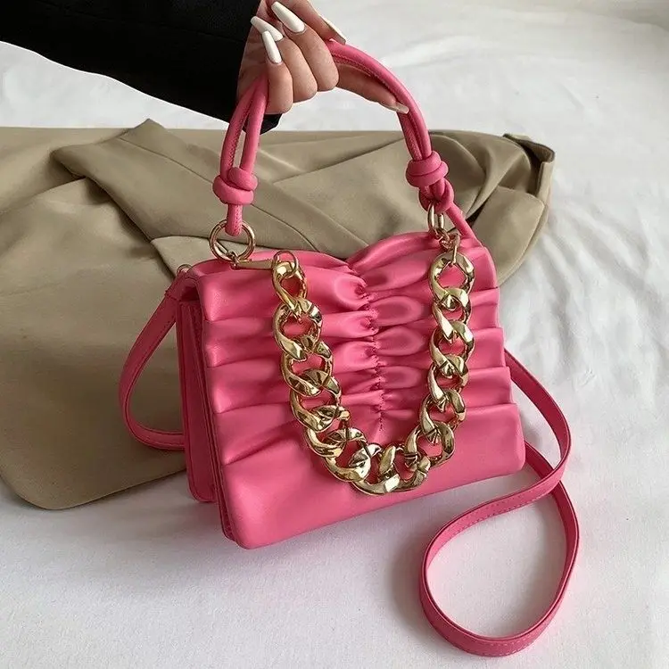 

Korean Small PU Leather Chain Shoulder Bag Women's Handbag Fashion Pleated Crossbody Bags for Women Kawaii Totes Purses Green