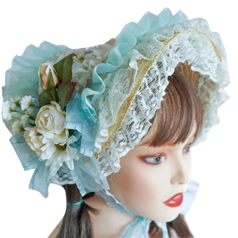 

MXMB Lolit Straw Hat Teas Party SunHat Lace Fascinators For Women Victorian Bonnet