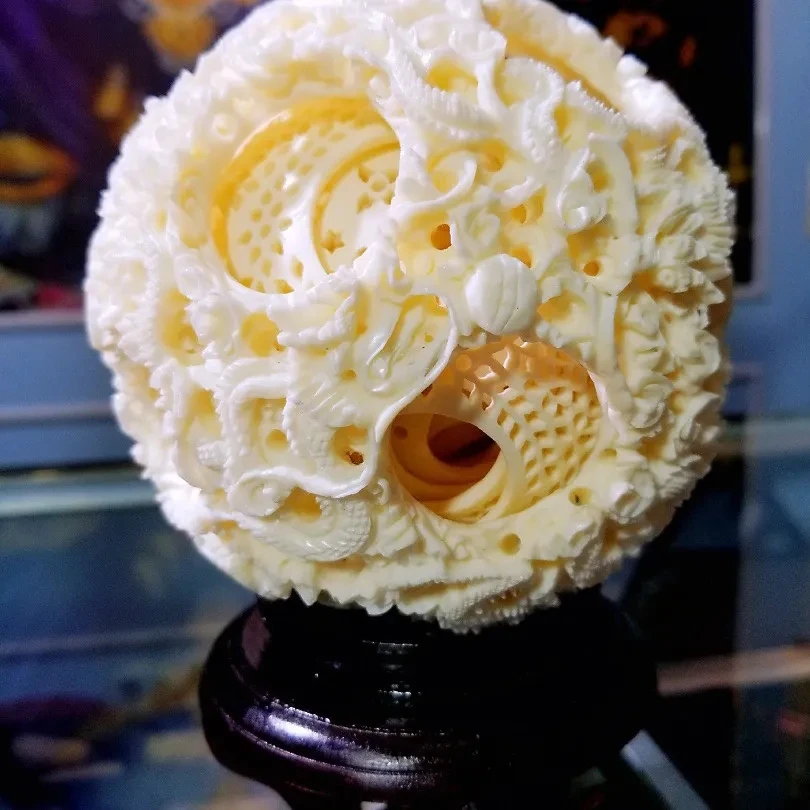 Natural Mammoth Ivory Dragon Phoenix Chengxiang Twelve Story Ghost Work Ball Decoration Antiques Collection Home High-End Decora