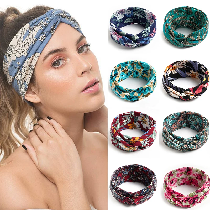 

Women Cross Bohe Hair Bands Girls Cashew Print Flower Headband Fashion Turban Make up Cross Knot Elastic Turban Hair Accessories