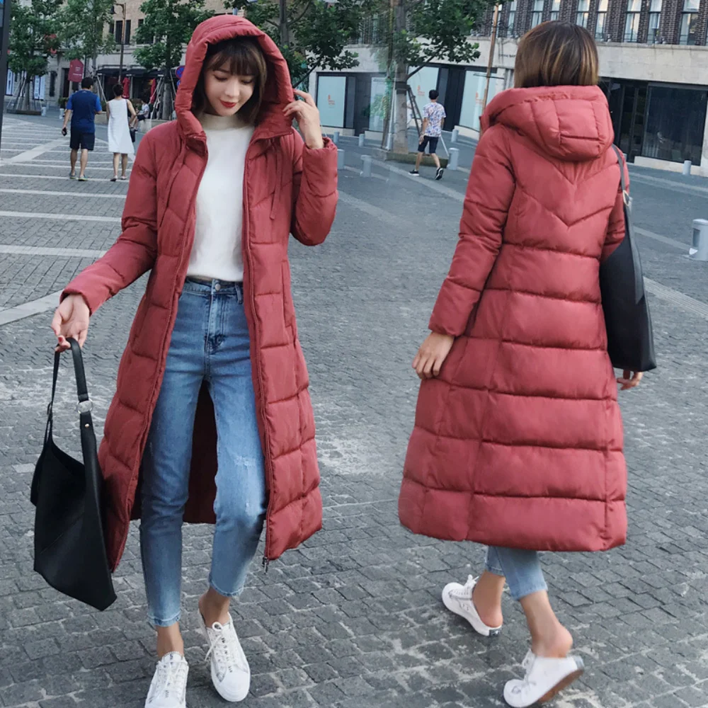 Women Long Parkas Coat Winter 2022 Korean Style Knee Lenght Casual Loose Padded Jackets Thicken Warm Hooded Cotton Coats Female