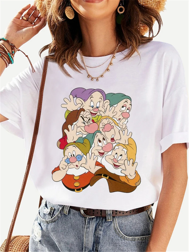 

Kawaii Disney Мультфильм Принцесса Белоснежка Футболка женщины смешные семь гномов Графические тройники унисекс Топы Женская футболка