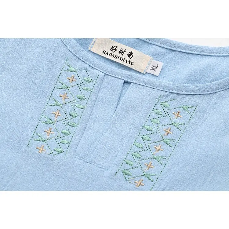 Plus Size Women's Short Sleeve Full Cotton Summer Shirts Oversized A-line Vintage Female Tops Large Size Fashion Embroidery Top