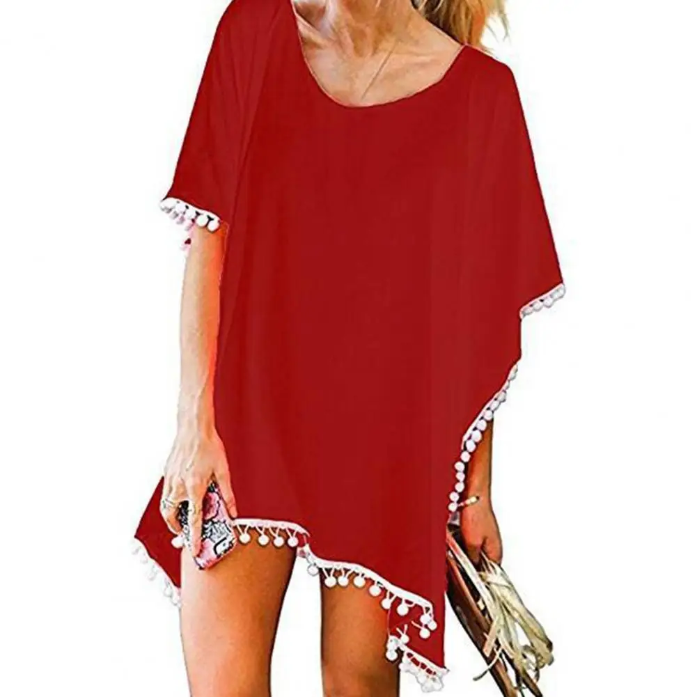 

2022 Chiffon Tassels Beach Dress Summer Bikini Cover Up Irregular Women Cover-ups V-neck Polyester Sun Protection Women Sundress