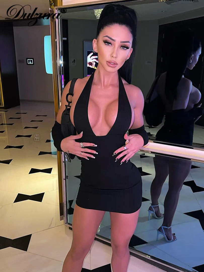 

Dulzura V Neck Halter Mini Dress With Long Gloves Backless Bodycon Sexy Party Club Outfit 2022 Summer Holiday Vacation Wholesale