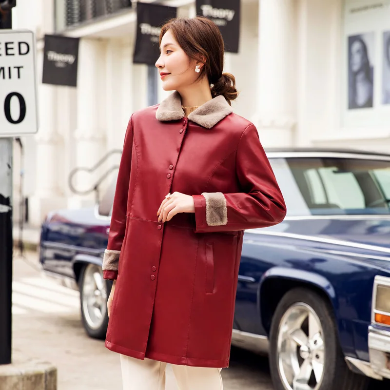 2022 Women's Winter Clothing Thick Warm Pu Leather Clothing Warm Clothing Medium Long Thickened Leather Clothing Women's Coat