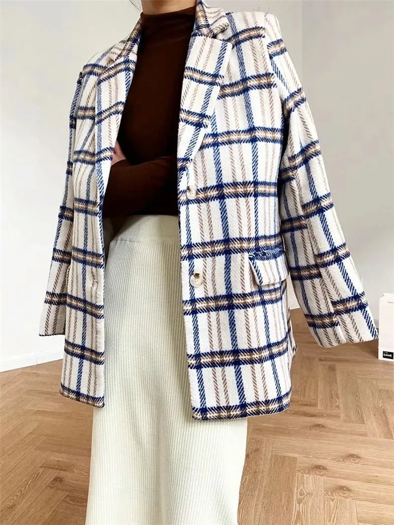 White Plaid Blazer Suit Office Lady Fashion Contrast Colors Woolen Blazer Women 2021 Spring Autumn Casual Commute Plaid Coat New