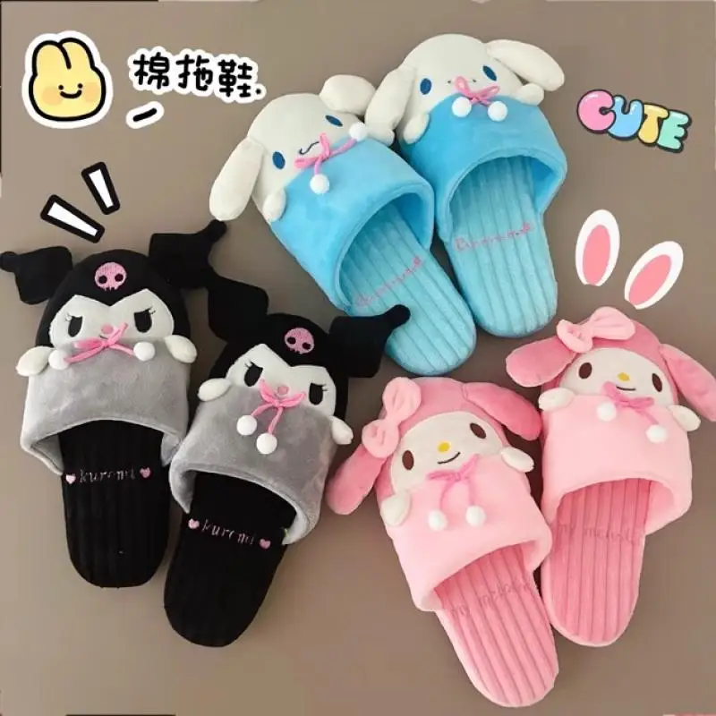 

Sanrio Hello Kitty Kuromi Cinnamoroll My Melody Slippers Girls Cute Cartoon Slippers Autumn and Winter Indoor Warm Cotton Shoes