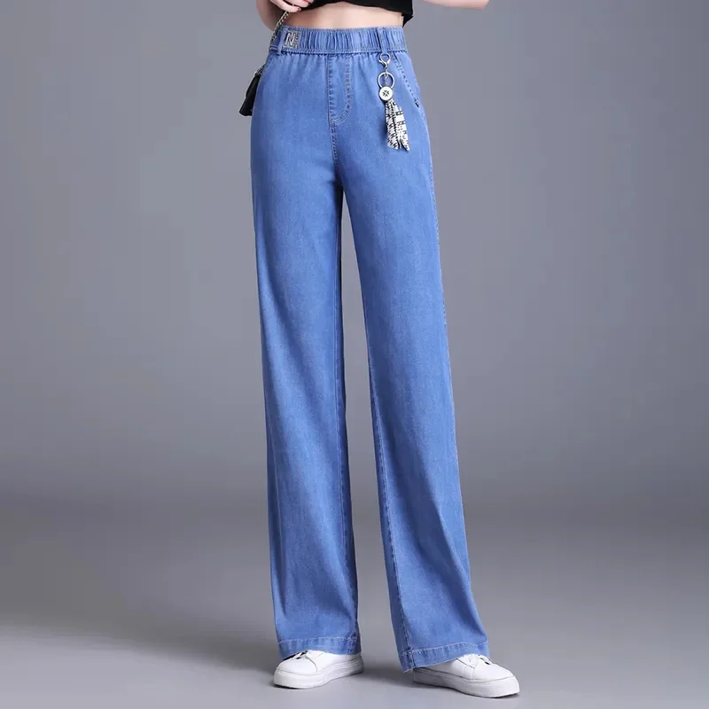 

Женские прямые джинсы ZUZK с широкими штанинами, летние тонкие свободные эластичные длинные брюки из денима с высокой талией