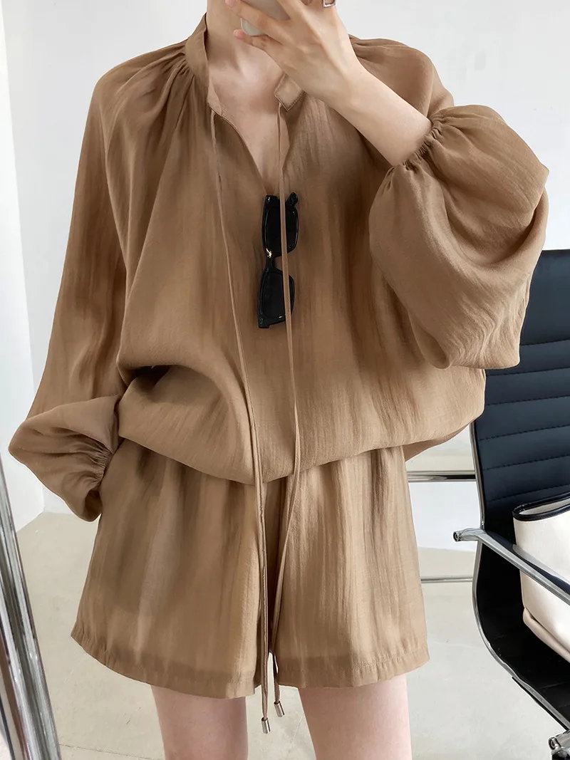 

Летний атласный комплект из двух предметов, Женская Повседневная Свободная спортивная блузка на шнуровке с длинным рукавом, рубашка, солнц...