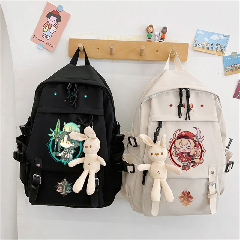 

Game Genshin Impact Amber Mona Morax Tartaglia Cosplay Black Canvas Backpack Students Shoulders Bag Schoolbags Laptop Bags Gift