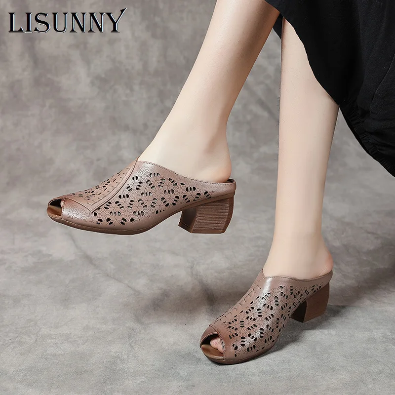 

LISUNNY Flip Flop Square Heel High Heels Muller Slippers Women Summer Shoe Women Fashion Vintage Hollow Fish Mouth Ladies Shoes
