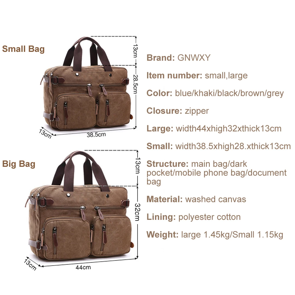 GNWXY New Casual Canvas Bags Business Briefcase Hand Crossbody Backpack Three Purpose Bag Size17 Inch Laptop Bag Big/Small Size