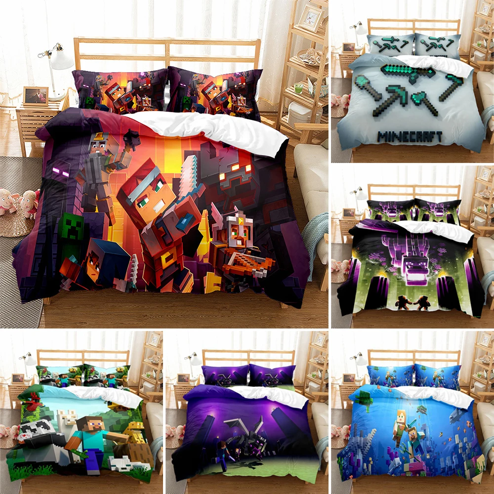 

Sandbox Game My World Bedding Set 2/3pcs Quilt/Comforter Cover With Pillowcase Single Double Full Size For Teen Kid Bedroom Gift