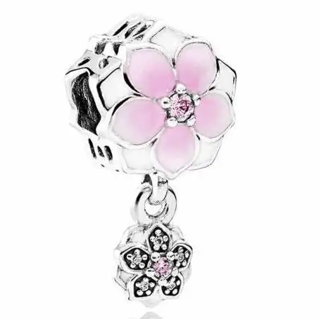

Genuine 925 Sterling Silver Charm Enamel Magnolia Bloom Duo With Crystal Pendant Beads Fit pan Bracelet & Necklace
