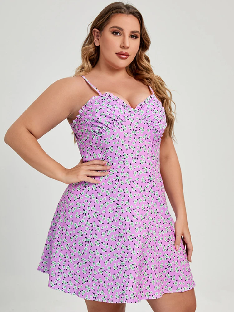 

2022 Summer Floral Dress Women's Pleated Edge Short Suspender Skirt Fashion Casual Loose Oversized Women's Wear Dress for Women