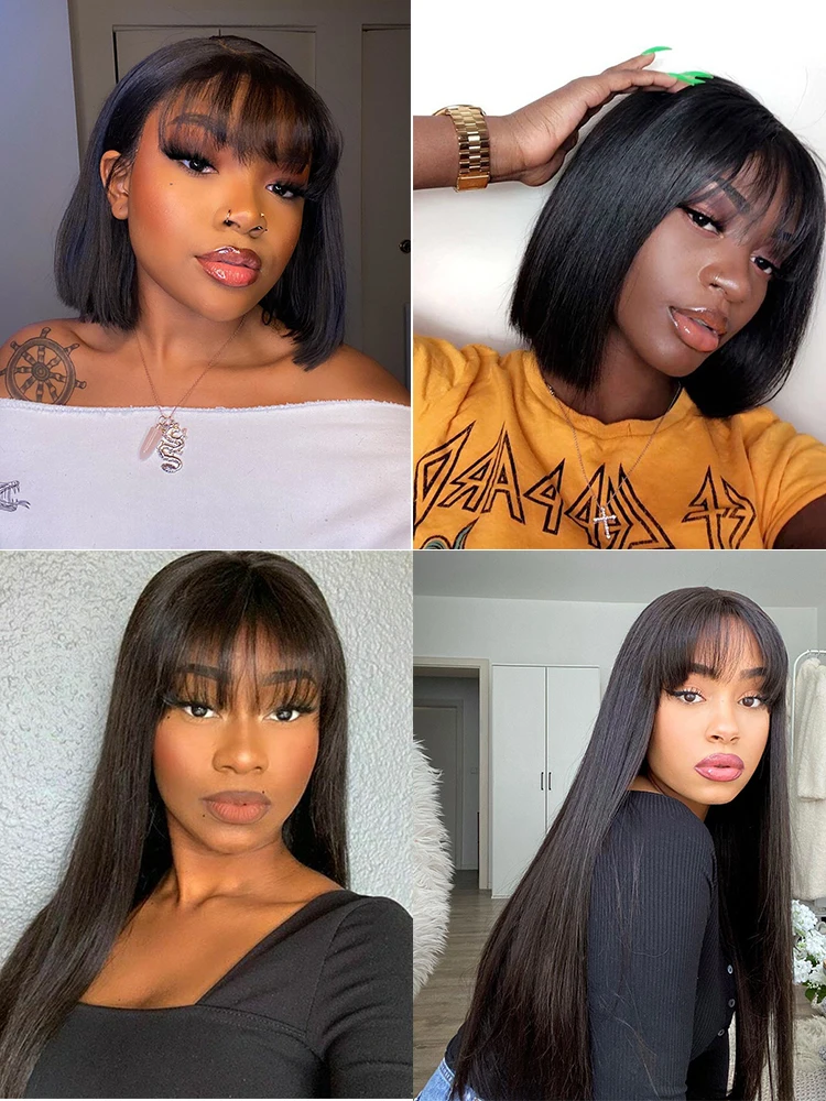 100% Human Hair Wig With Bangs Brazilian Straight Short Bob Human Hair Wigs For Black Women Cheap Black 30 Inch Long Fringe Wig