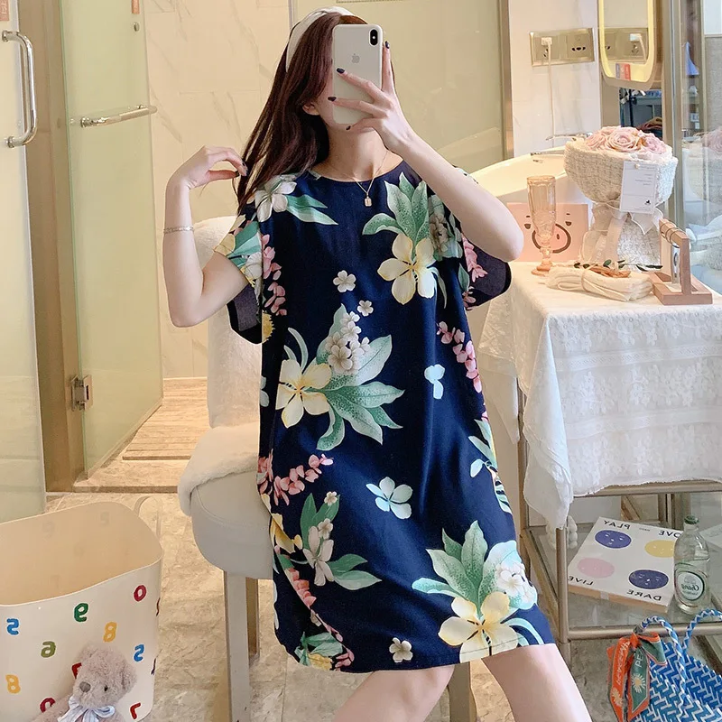 Women's Thin Cotton Nightshirt Short Sleeve Floral Print Round Neck Sleepwear Ladies Nightgown Pajamas Dress Casual Sleepdress