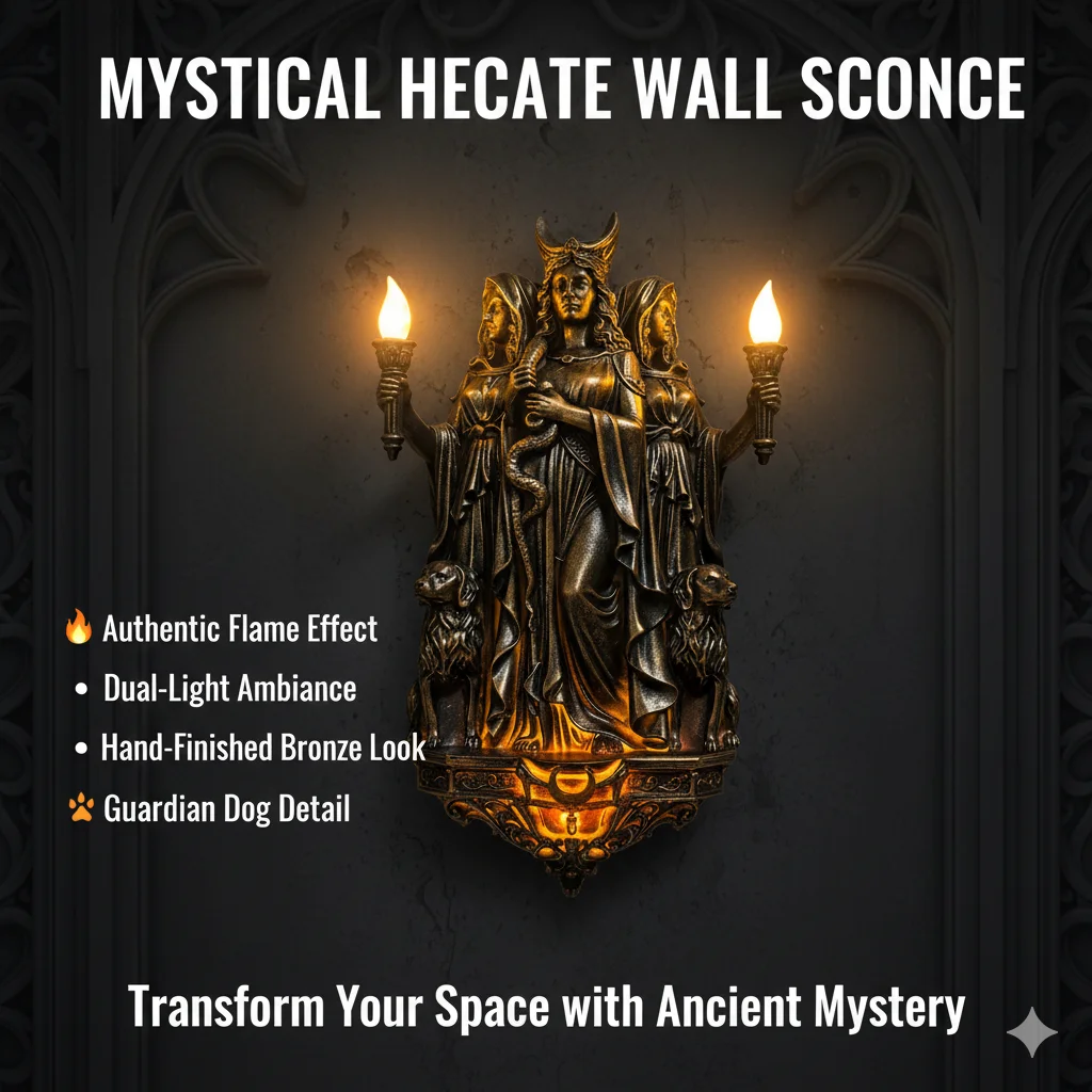 Фото Готический настенный светильник Hecates Triple Goddess в стиле ретро, 3D-резьба, бронза, смола, для спальни, гостиной, декора на Хэллоуин №2