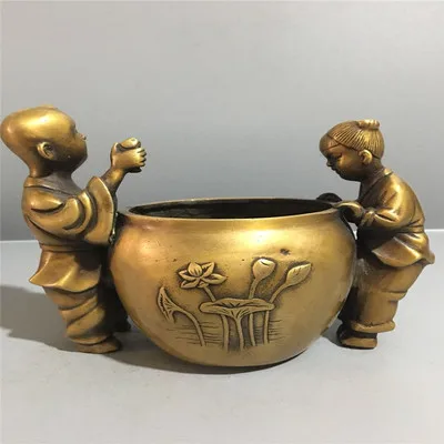 Exquisite Antique Pure Copper Gold Boy Jade Girl Lotus Cylinder Stove Ornament