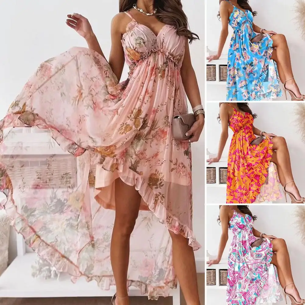 

40%HOTWomen Dress Floral Print Ruffles Bohemian Spaghetti Straps Chiffon Dress for Party