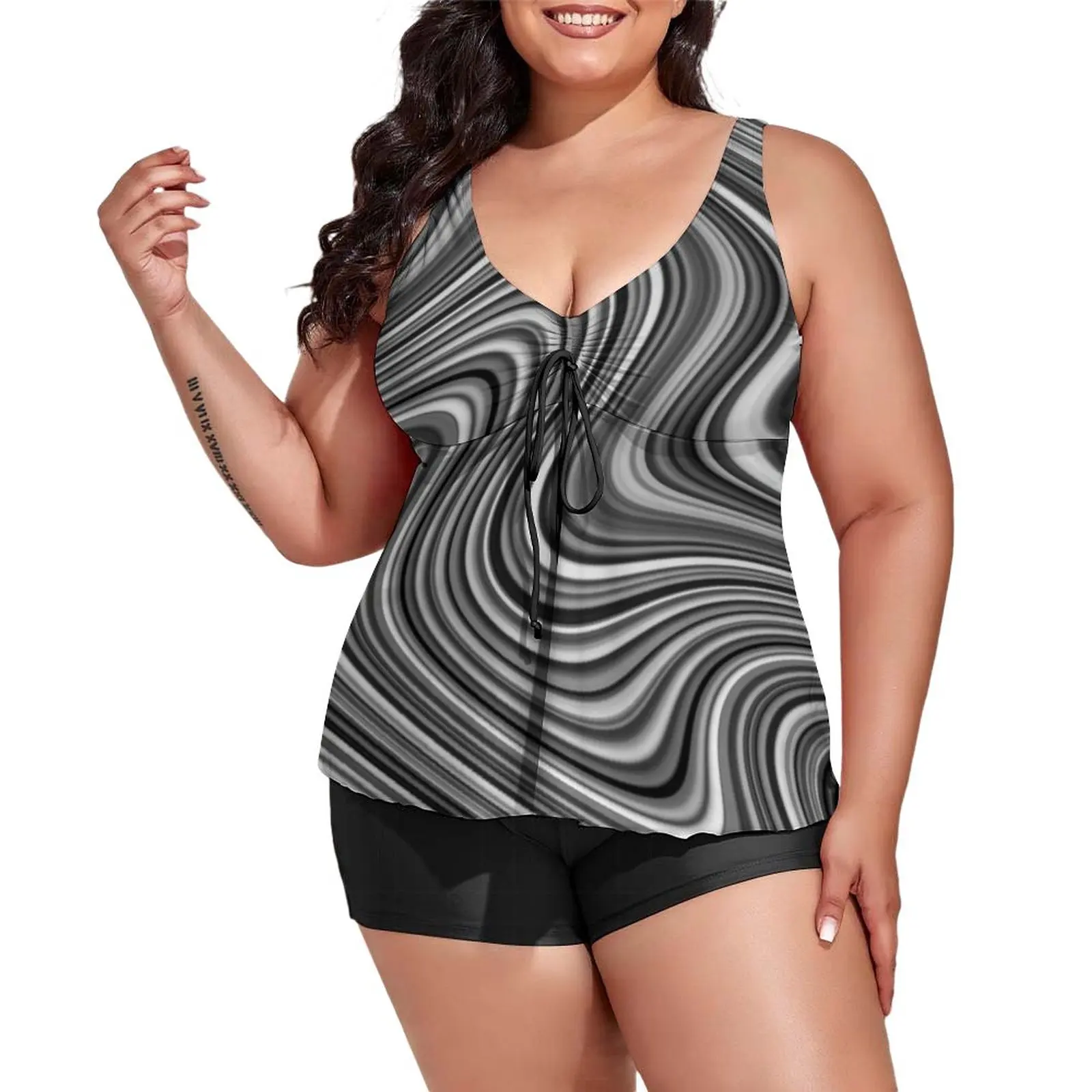 

Curvy Lines Tankini Swimsuit Black White Grey Pool Swimwear Fantasy Swimsuits High Waist Graphic Beachwear