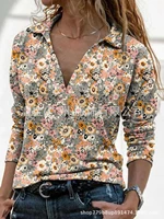 2022 new rollover v neck long sleeve printed top sweater