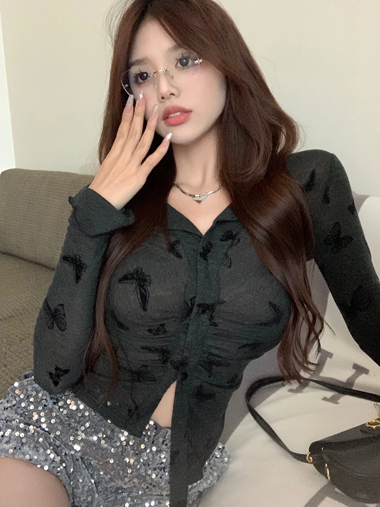 

Женский трикотажный кардиган с бабочками, короткий топ с длинным рукавом в Корейском стиле, одежда для осени 2022, Y2k