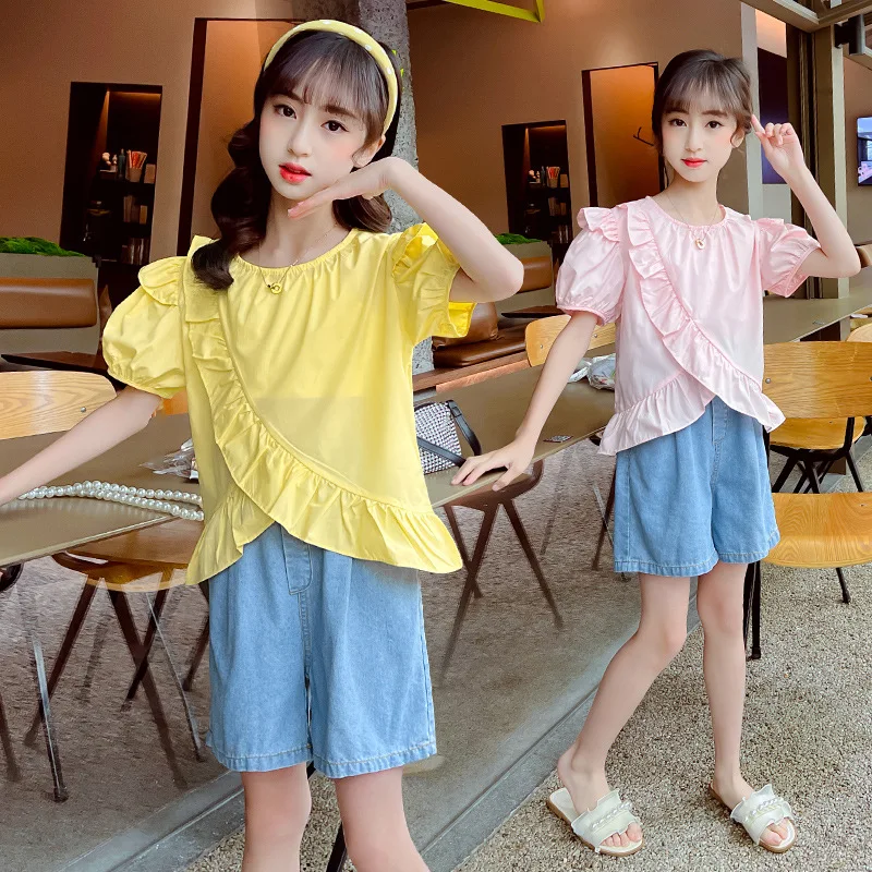 

2 шт., детские джинсовые шорты с рукавами-фонариками и юбкой